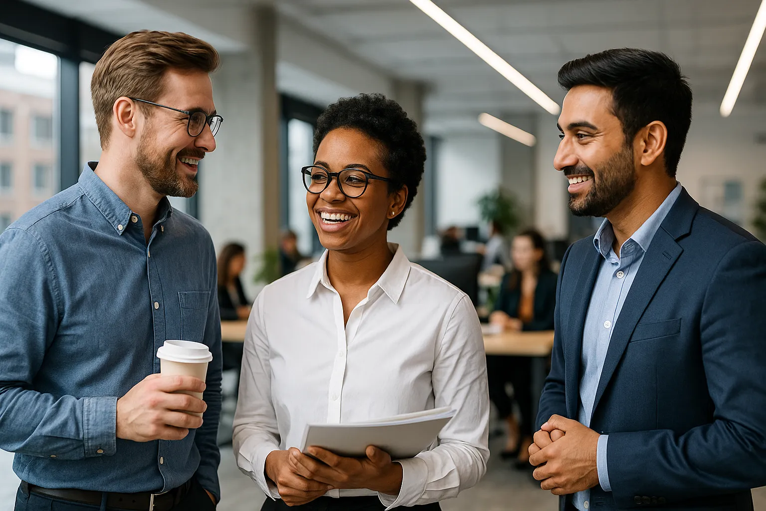 Colegas de trabalho conversando no escritório.