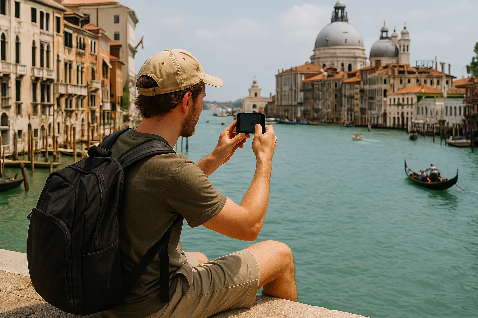 Um álbum de fotos de viagem aberto, mostrando fotos de uma praia, uma cidade e montanhas.