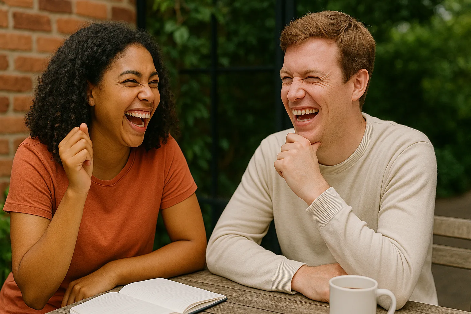 Vários emojis de risada e ícones de lâmpadas de ideia flutuando, representando criatividade e humor.