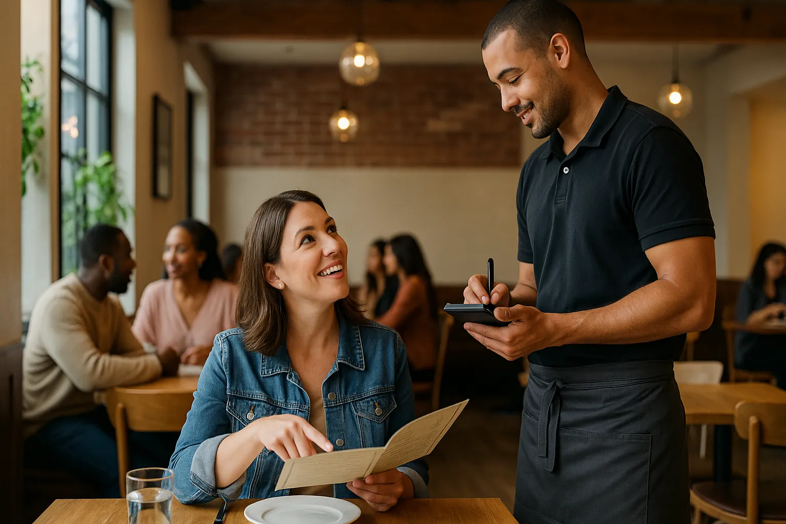 Um garçom anotando o pedido de um casal sorridente em um restaurante.