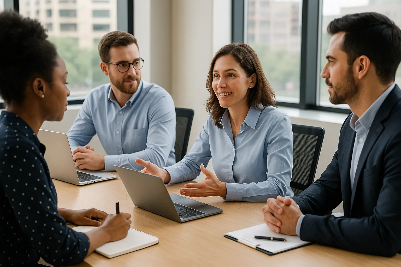Pessoas em uma reunião de trabalho ao redor de uma mesa, discutindo um projeto.