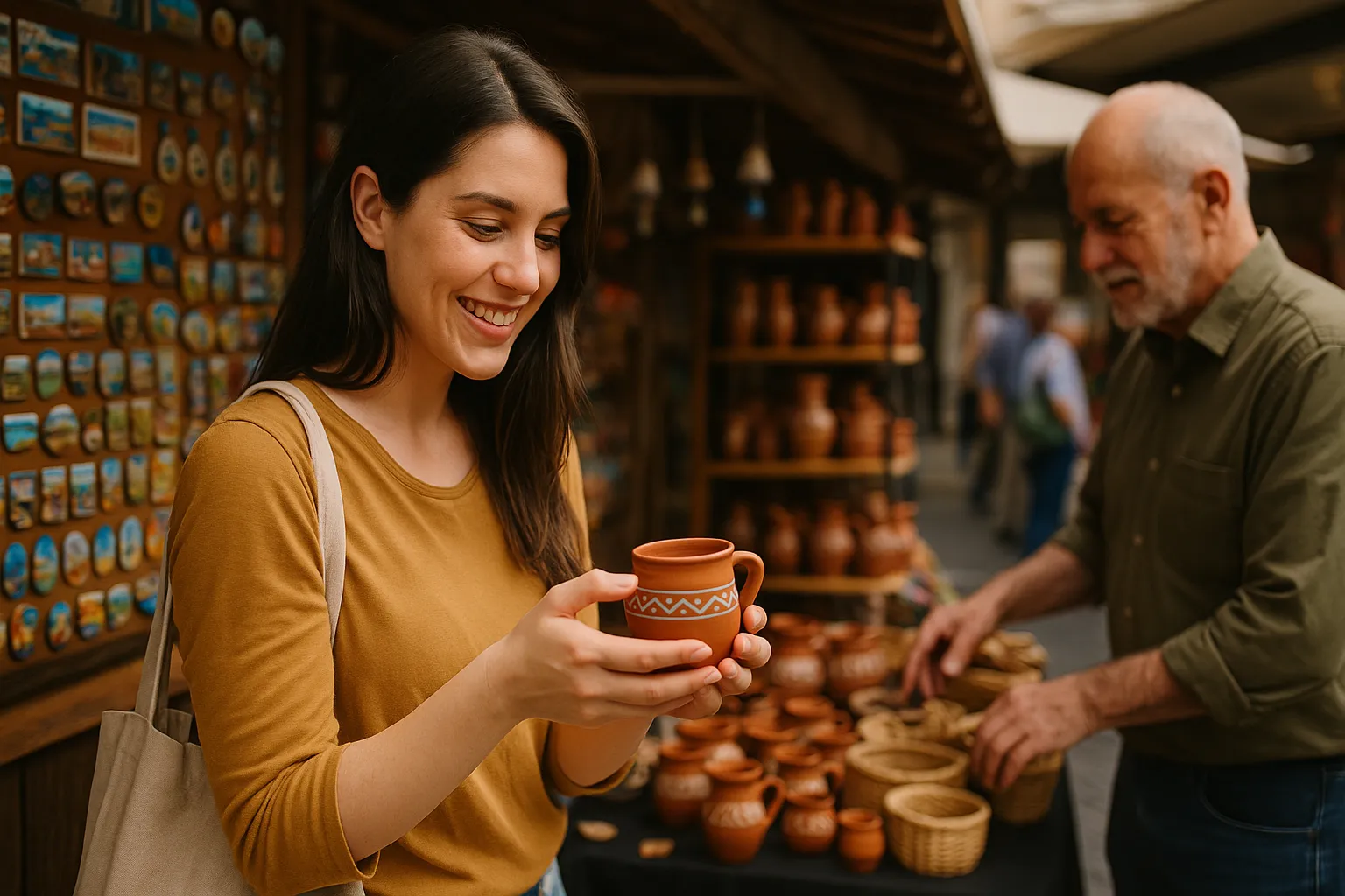 Uma loja de souvenirs com um turista olhando para vários itens como camisetas e canecas.