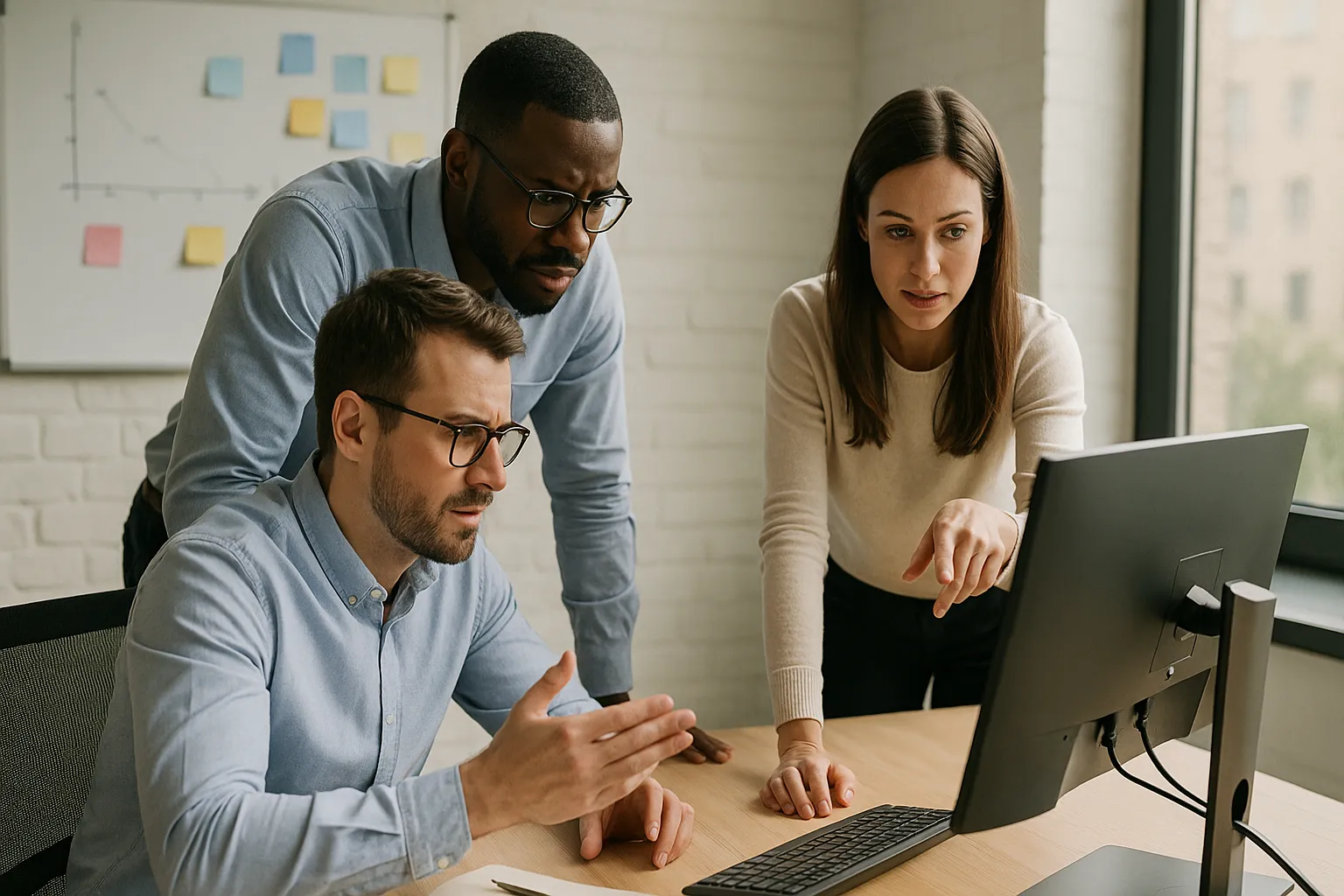 Duas pessoas olhando para um quadro branco com diagramas e setas, colaborando para encontrar a solução para um problema.