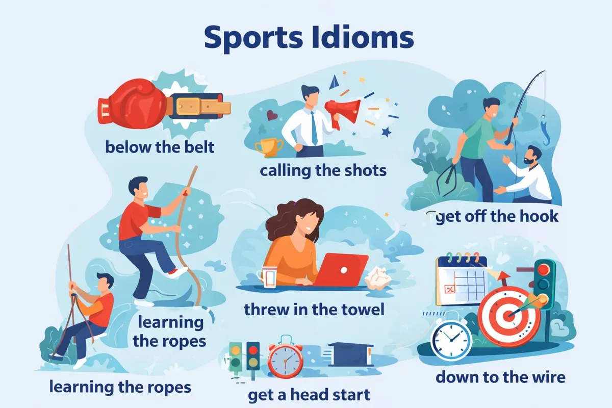 Elementos esportivos representando expressões idiomáticas em inglês.