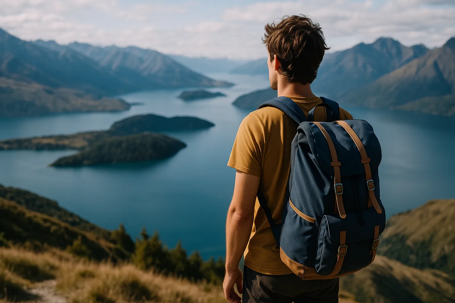 Um mapa-múndi com pinos marcando vários destinos, ao lado de uma bússola e um passaporte.