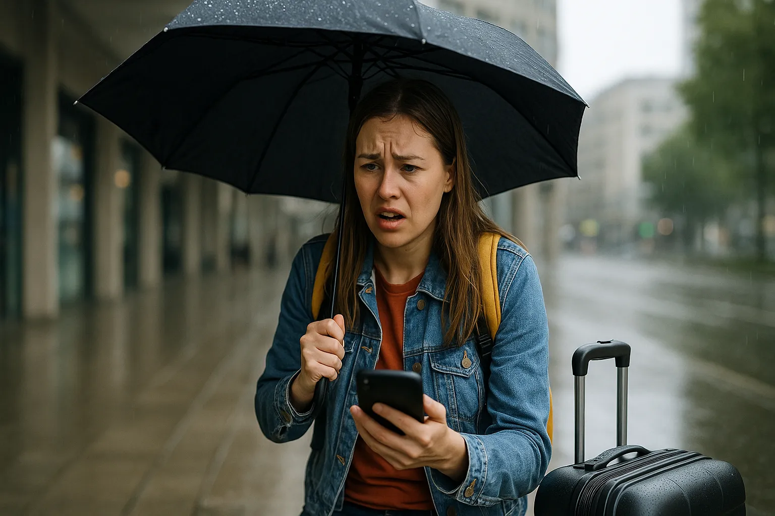 Uma pessoa com expressão frustrada olhando para um painel de voos cancelados no aeroporto.