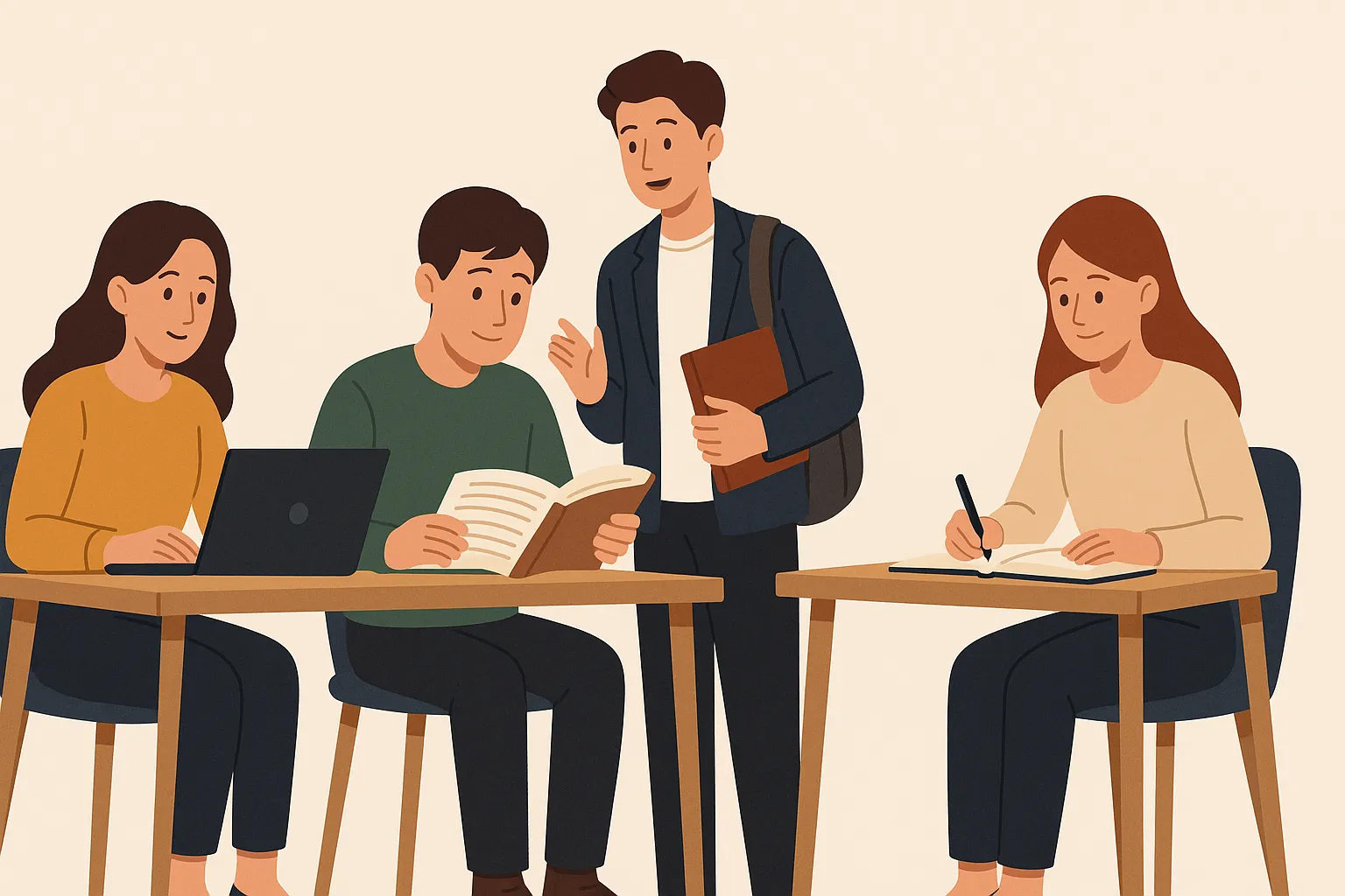 Pessoas colaborando em um escritório moderno, com laptops e cadernos sobre a mesa.