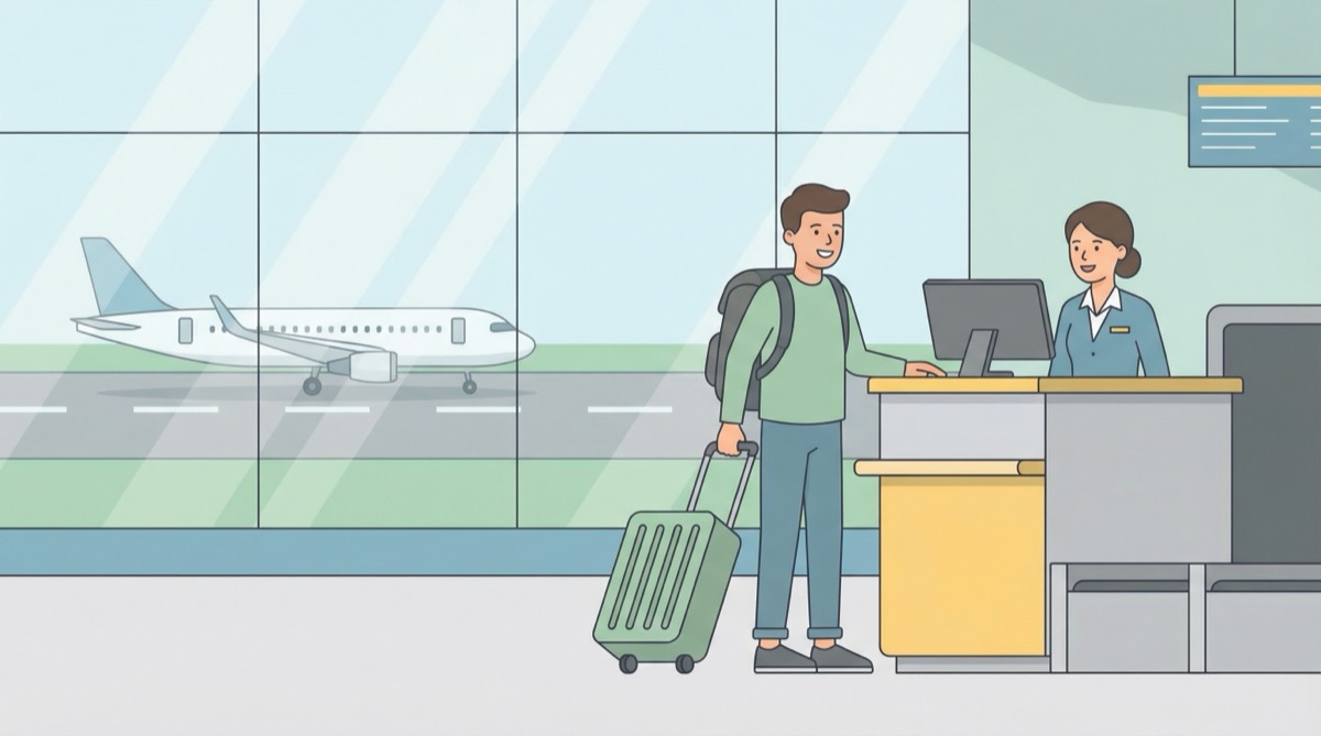 Ilustração vetorial plana de um terminal de aeroporto moderno com passageiros no balcão de check-in.