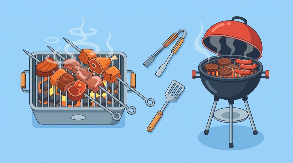 Ilustração vetorial comparando um churrasco de espetos com uma grelha americana de hambúrgueres.