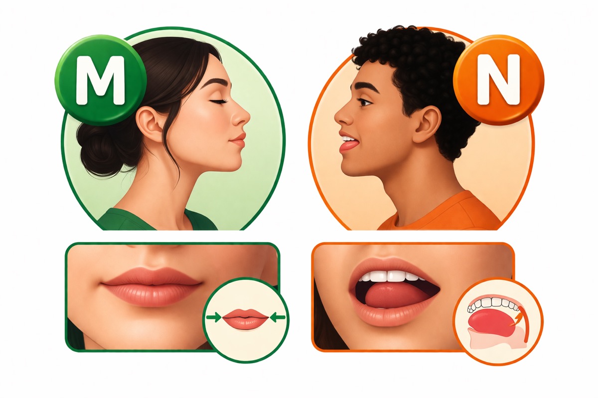 Ilustração educativa mostrando a diferença entre os sons finais M e N em inglês para falantes brasileiros.